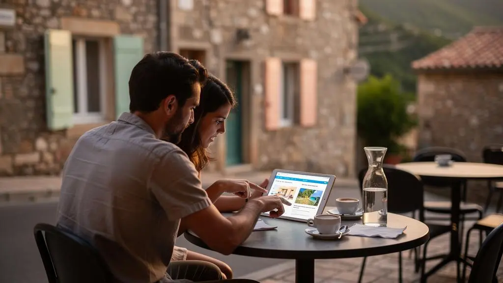 Un couple compare deux annonces de location de vacances sur une tablette, attablé en terrasse dans un village corse.