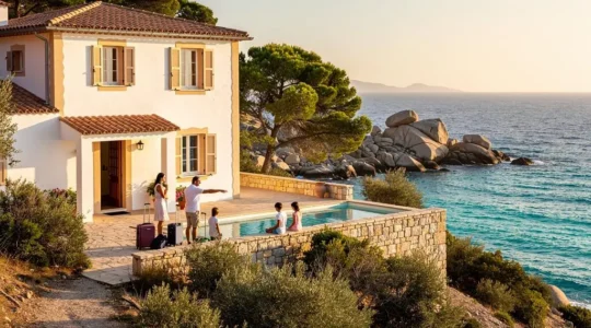 Une famille avec ses bagages découvre la terrasse d'une villa de vacances en Corse du Sud, avec vue sur la mer et piscine privée.