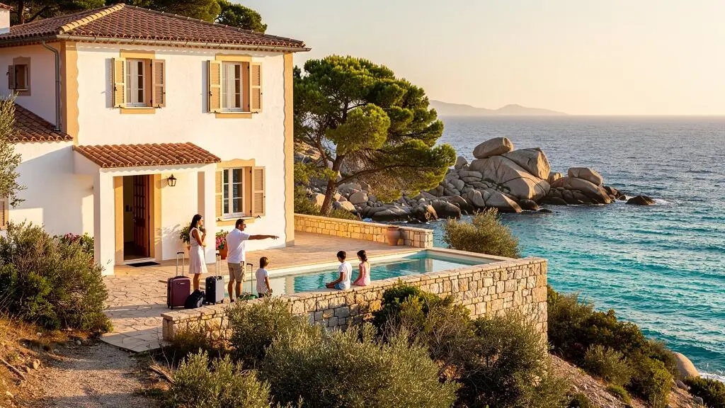 Une famille avec ses bagages découvre la terrasse d'une villa de vacances en Corse du Sud, avec vue sur la mer et piscine privée.
